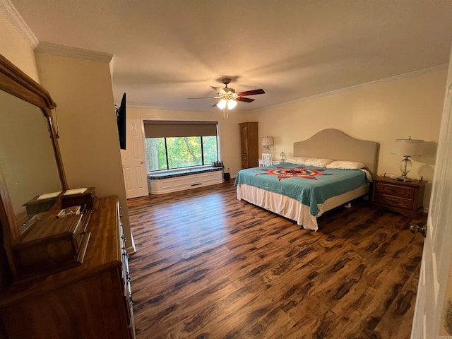 bedroom with ceiling fan, dark hardwood / wood-style floors, and crown molding