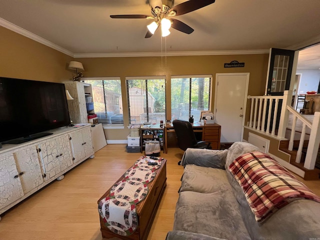 living room featuring light wood-type flooring, ceiling fan, and crown molding