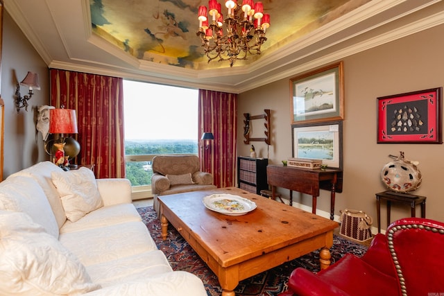 1 Treetops Unit & 1103, Little Rock, AR 72202 - living area with crown molding, a tray ceiling, a chandelier, and baseboards