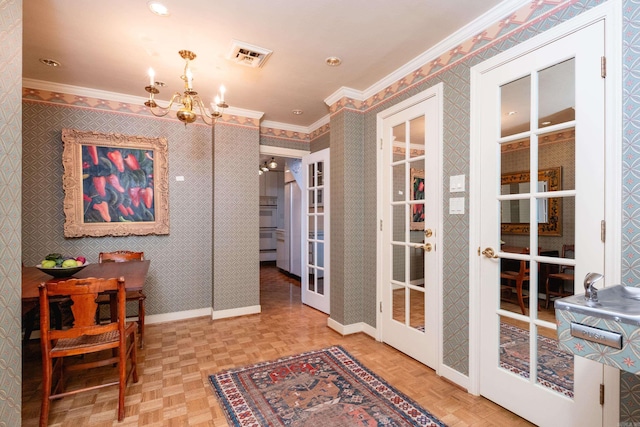 1 Treetops Unit & 1103, Little Rock, AR 72202 - hallway featuring a chandelier, crown molding, french doors, wallpapered walls, and baseboards
