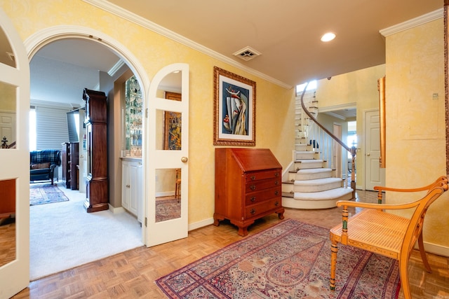 1 Treetops Unit & 1103, Little Rock, AR 72202 - hall featuring baseboards, ornamental molding, stairs, recessed lighting, and light carpet