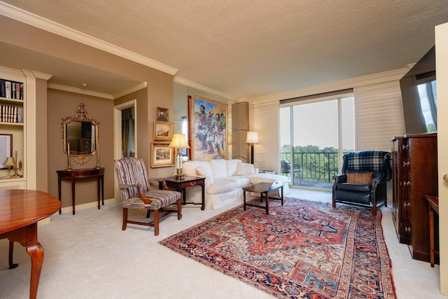 1 Treetops Unit & 1103, Little Rock, AR 72202 - living room featuring carpet floors, plenty of natural light, ornamental molding, and a textured ceiling