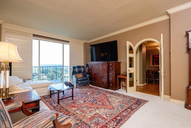 1 Treetops Unit & 1103, Little Rock, AR 72202 - living room with arched walkways, crown molding, carpet, a textured ceiling, and baseboards