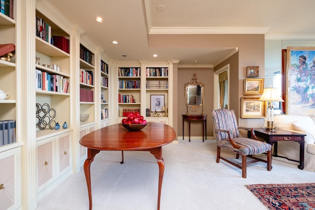 1 Treetops Unit & 1103, Little Rock, AR 72202 - sitting room featuring light carpet, ornamental molding, recessed lighting, built in shelves, and baseboards