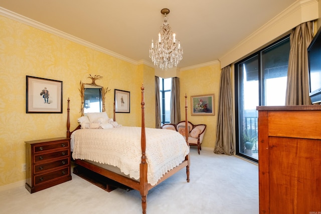 1 Treetops Unit & 1103, Little Rock, AR 72202 - bedroom featuring a chandelier, light colored carpet, ornamental molding, access to exterior, and wallpapered walls