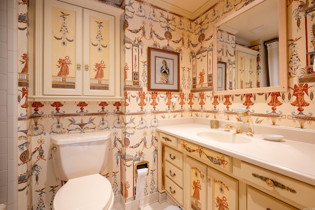 1 Treetops Unit & 1103, Little Rock, AR 72202 - bathroom with wallpapered walls, crown molding, vanity, and toilet