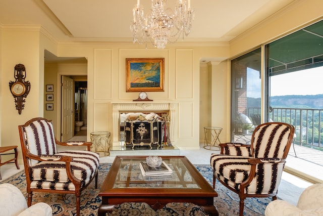 1 Treetops Unit & 1103, Little Rock, AR 72202 - sitting room featuring a decorative wall, a chandelier, a high end fireplace, and crown molding