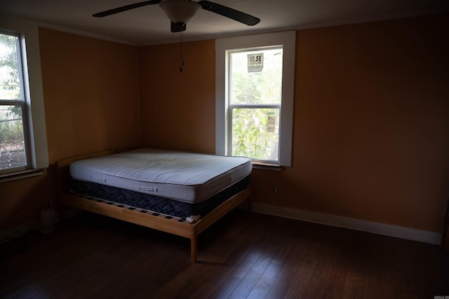 bedroom featuring ceiling fan, crown molding, and dark hardwood / wood-style flooring