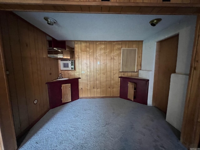 kitchen with wooden walls and light carpet