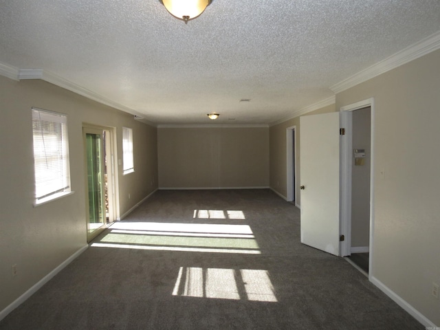 carpeted empty room with ornamental molding and a textured ceiling