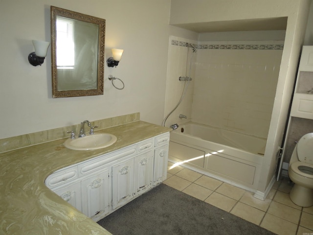 full bathroom featuring vanity, toilet, tile patterned floors, and tiled shower / bath