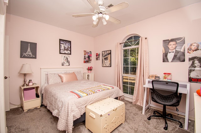 carpeted bedroom featuring ceiling fan