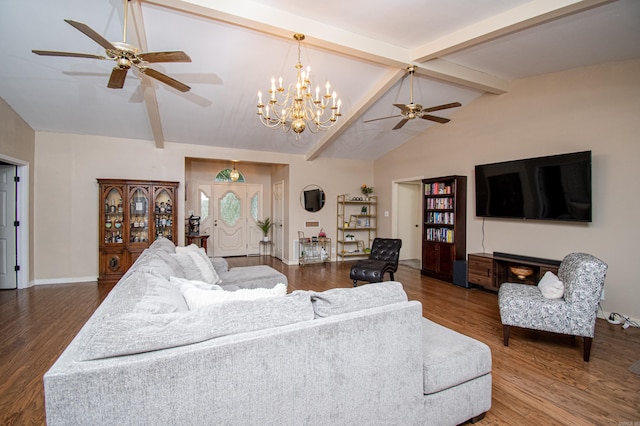 living room featuring vaulted ceiling with beams, ceiling fan with notable chandelier, a fireplace, and hardwood / wood-style flooring