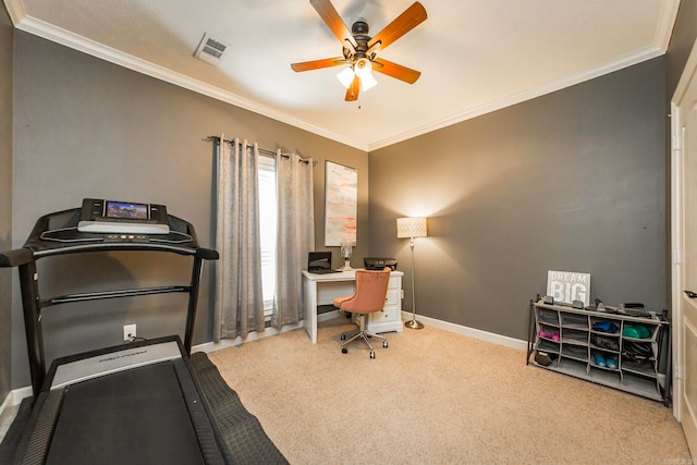 interior space with light carpet, ceiling fan, and crown molding