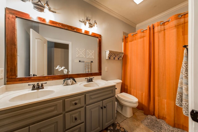 bathroom featuring vanity, curtained shower, tile patterned floors, crown molding, and toilet