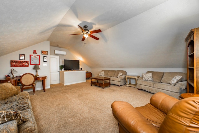 living room featuring vaulted ceiling, carpet floors, an AC wall unit, a textured ceiling, and ceiling fan