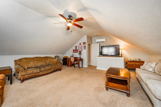 carpeted living room with a textured ceiling, lofted ceiling, ceiling fan, and a wall mounted air conditioner