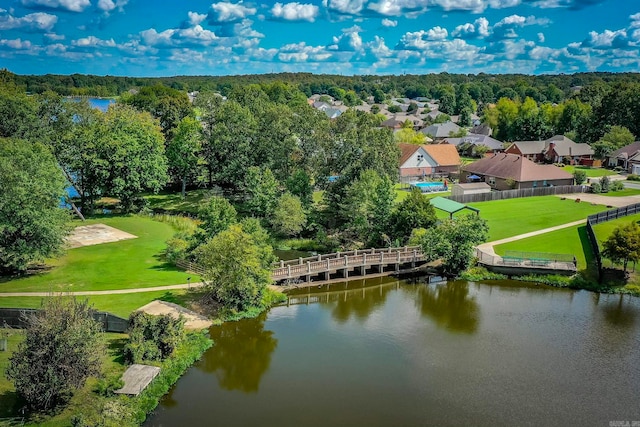 drone / aerial view featuring a water view