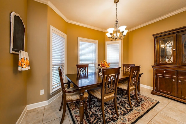 tiled dining room with ornamental molding and a notable chandelier