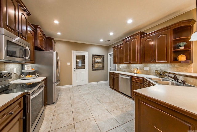 kitchen featuring appliances with stainless steel finishes, decorative backsplash, light tile patterned floors, ornamental molding, and sink