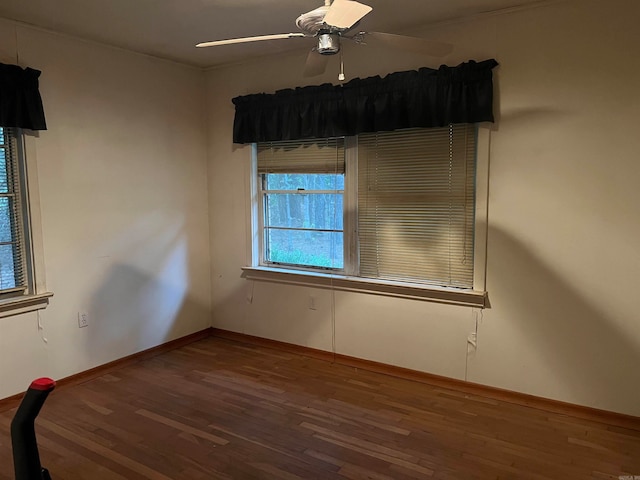 unfurnished room featuring ornamental molding, hardwood / wood-style floors, and ceiling fan