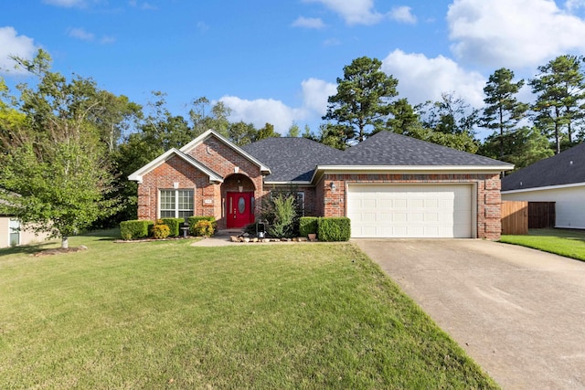 ranch-style home featuring a front yard and a garage