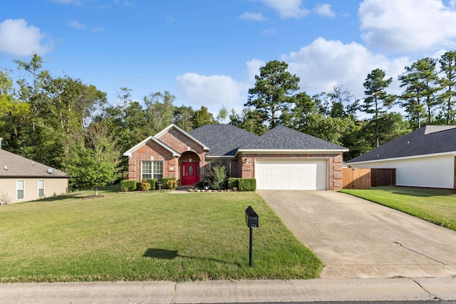 ranch-style home with a front yard and a garage