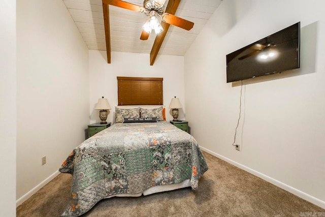 carpeted bedroom with ceiling fan, lofted ceiling with beams, and wooden ceiling