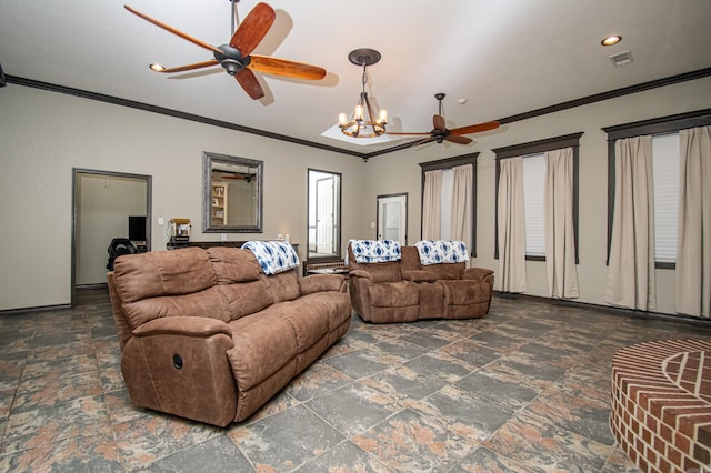 living room with visible vents, stone finish flooring, ornamental molding, recessed lighting, and ceiling fan with notable chandelier