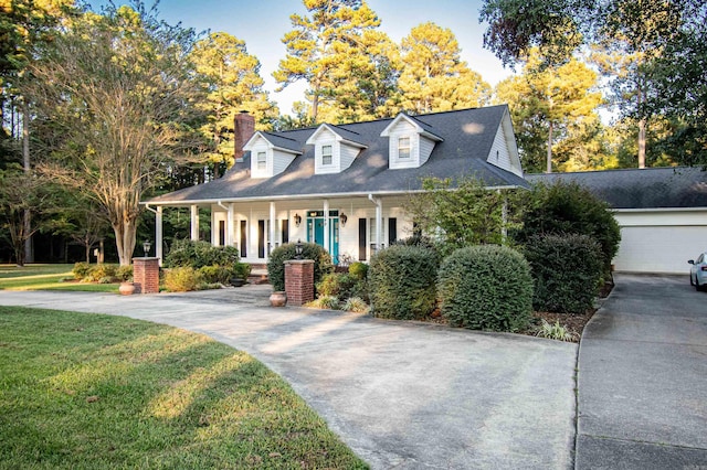 cape cod house with driveway, a front yard, covered porch, and a chimney