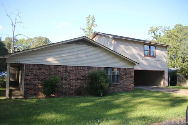 view of property exterior with a garage and a yard