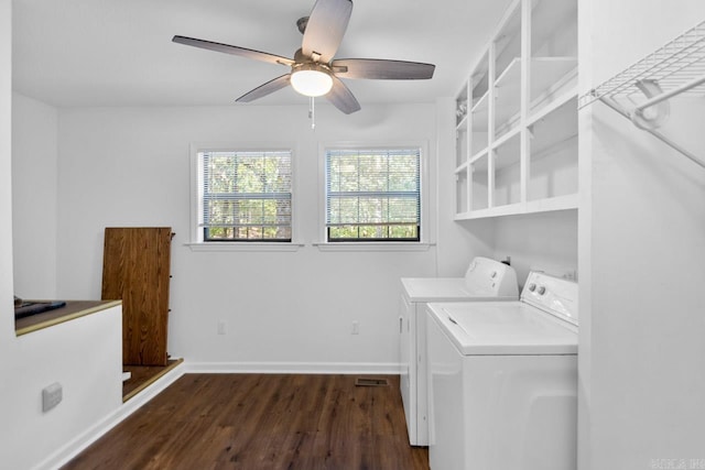 laundry room featuring washing machine and clothes dryer, ceiling fan, and dark hardwood / wood-style floors