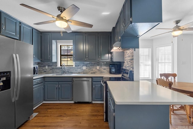 kitchen with sink, blue cabinetry, stainless steel appliances, dark hardwood / wood-style flooring, and decorative backsplash