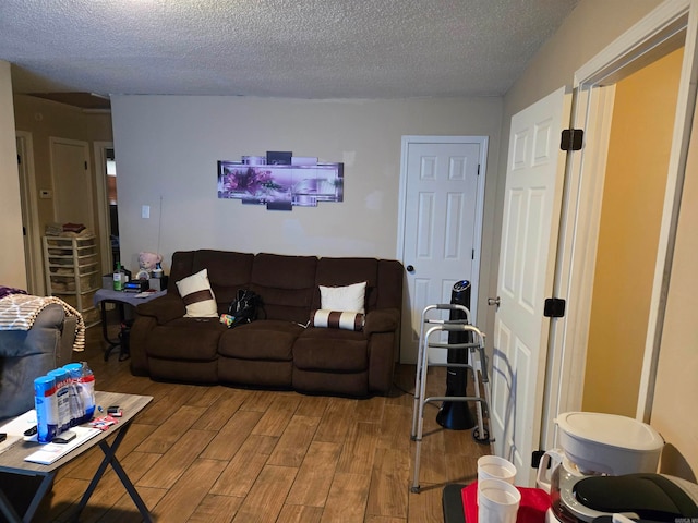 living room featuring hardwood / wood-style flooring and a textured ceiling