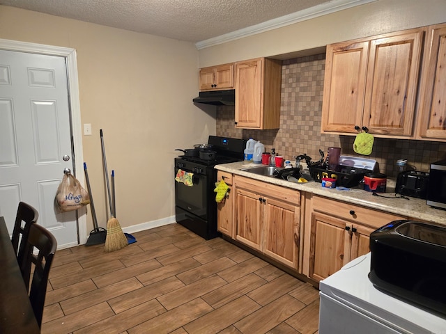 kitchen with black gas stove, backsplash, a textured ceiling, and sink