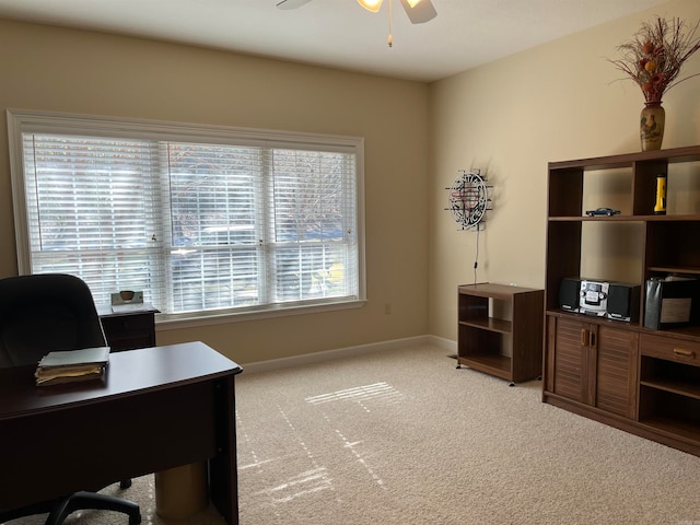 office with ceiling fan and light colored carpet