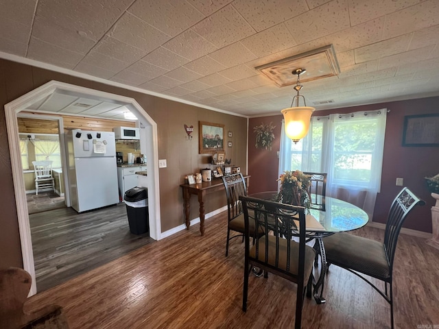 dining area featuring dark hardwood / wood-style floors and crown molding