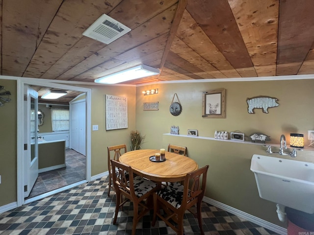 dining space featuring lofted ceiling, ornamental molding, and wooden ceiling