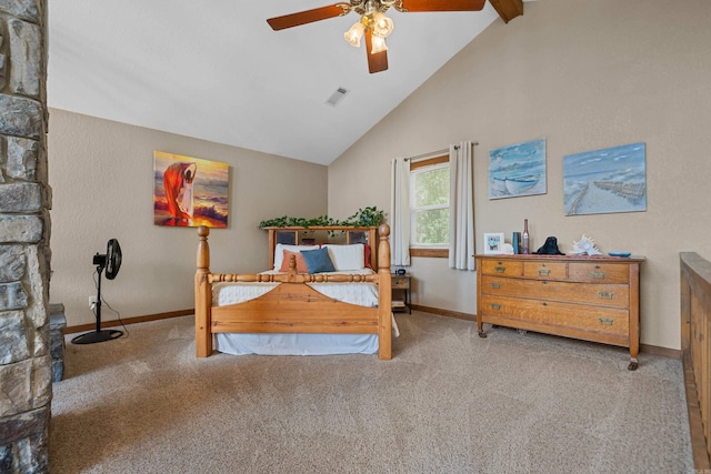 carpeted bedroom featuring beamed ceiling, ceiling fan, and high vaulted ceiling