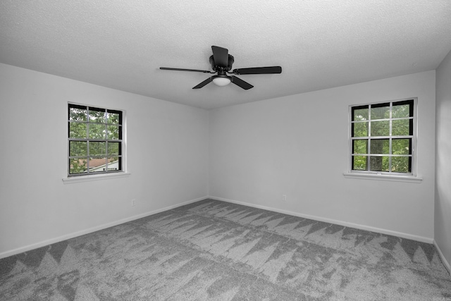 unfurnished room featuring carpet, ceiling fan, and a textured ceiling