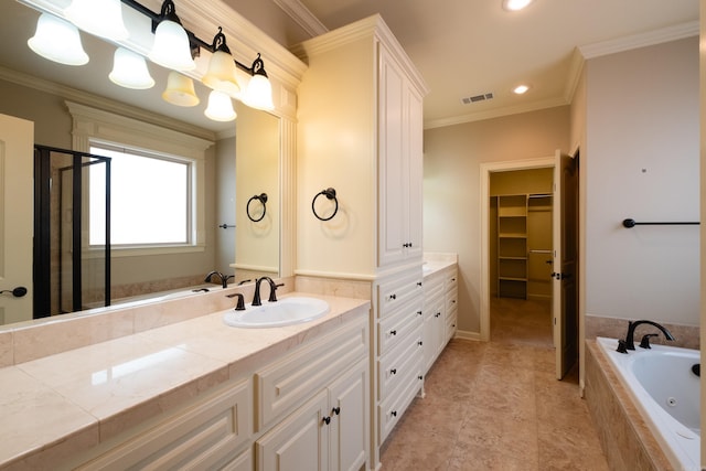 bathroom with ornamental molding, vanity, and plus walk in shower