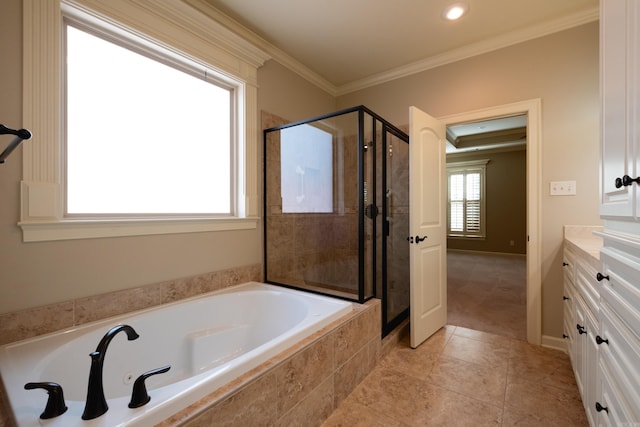 bathroom with crown molding, shower with separate bathtub, vanity, and plenty of natural light