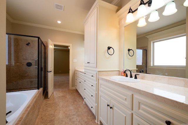 bathroom featuring vanity, shower with separate bathtub, and crown molding