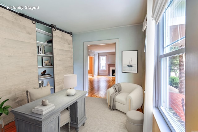 office space featuring a barn door, light hardwood / wood-style floors, crown molding, and a wealth of natural light