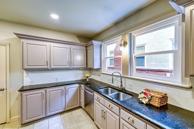 kitchen with dishwasher, backsplash, sink, and light tile patterned flooring