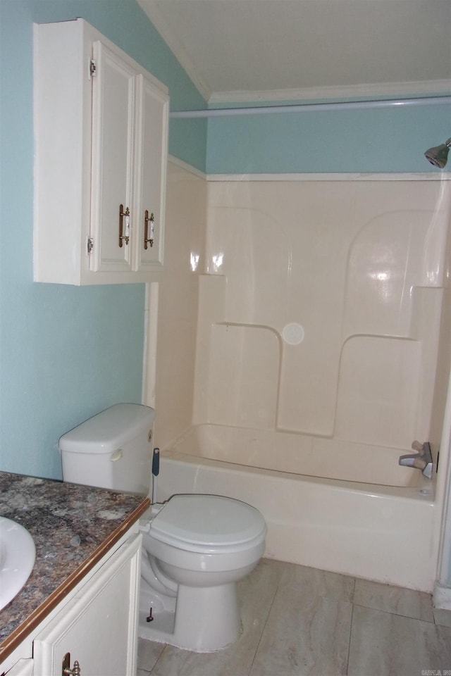 full bathroom featuring shower / tub combination, crown molding, vanity, and toilet