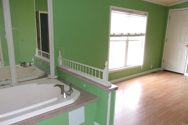 bathroom with a bathing tub and hardwood / wood-style flooring