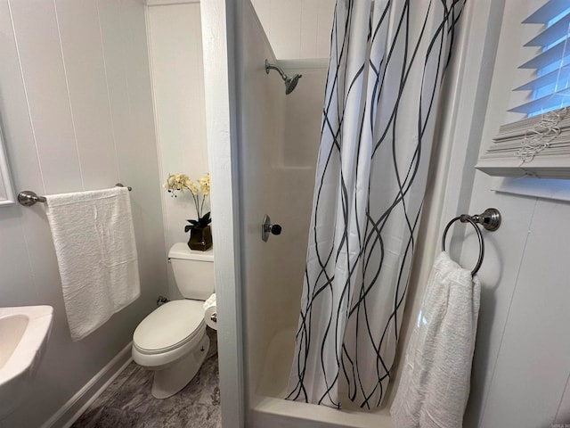 bathroom with toilet and shower / bathtub combination with curtain