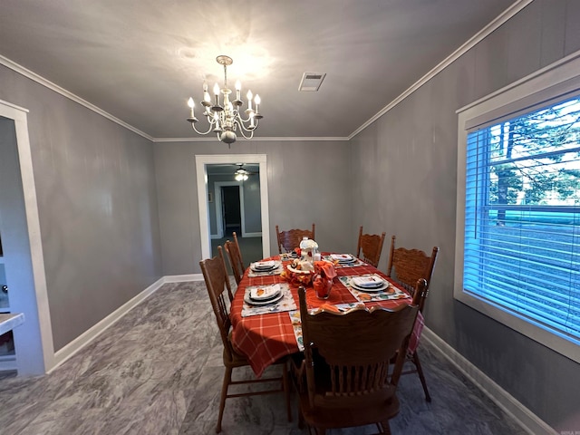 dining area with ceiling fan with notable chandelier and ornamental molding