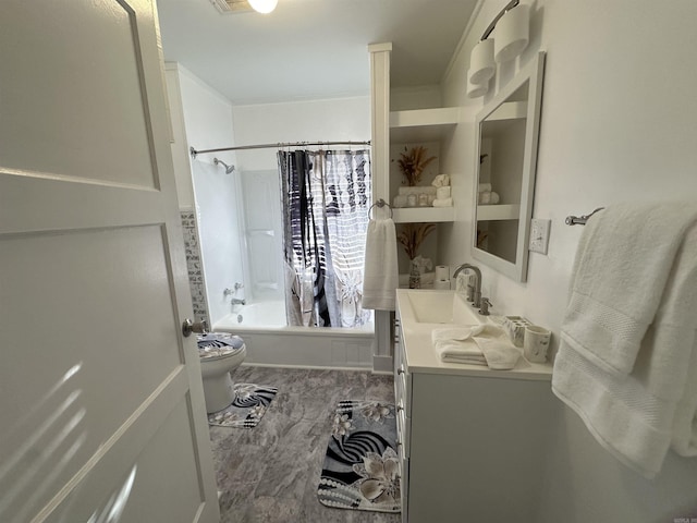 bathroom with shower / tub combo, toilet, marble finish floor, and vanity